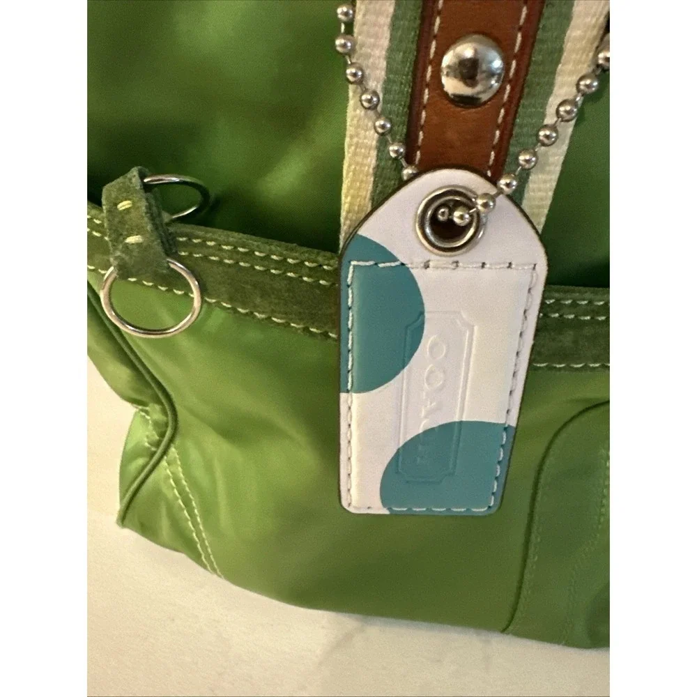 Coach Hampton Green Sateen Nylon Tote Bag Leather Trim Canvas Handles W Charm